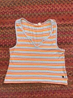 ROXY Striped V-Neck Ribbed CROP Tank Top in Light Blue and Orange